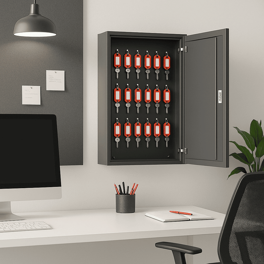 Wall-mounted key cabinet with labeled key tags in a modern office workspace | The Safe Havens