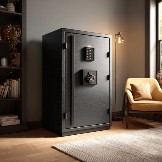 Large heavy-duty safe with keypad and combination lock in a cozy modern home setting | The Safe Havens