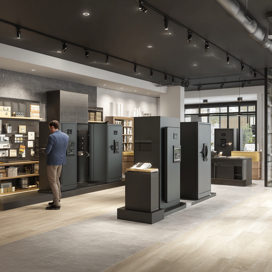 Customer browsing secure safes in a modern, well-lit showroom with advanced security displays | The Safe Havens