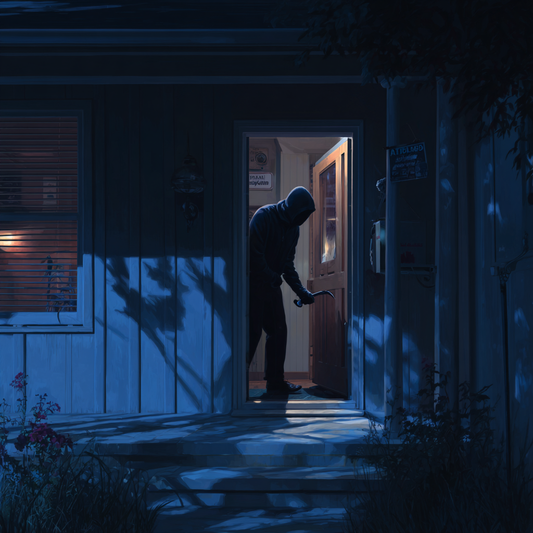 Masked intruder breaking into home at night, highlighting need for secure home safes | The Safe Havens