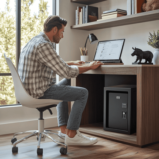 Modern home office with discreet secure safe for valuables under desk | The Safe Havens