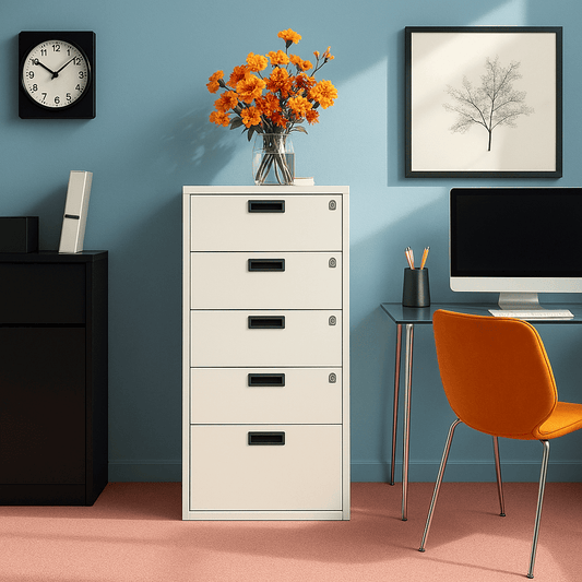 Secure white filing cabinet in bright, modern home office setting | The Safe Havens