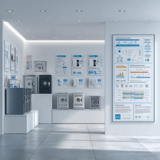 Showroom display of various security safes with detailed informational charts and guides | The Safe Havens